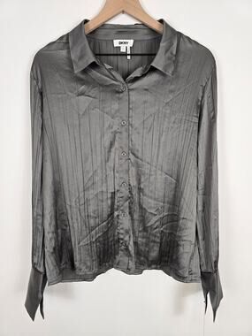 DKNY Gray Satin Button Down Blouse Silver Workwear Chic Size L